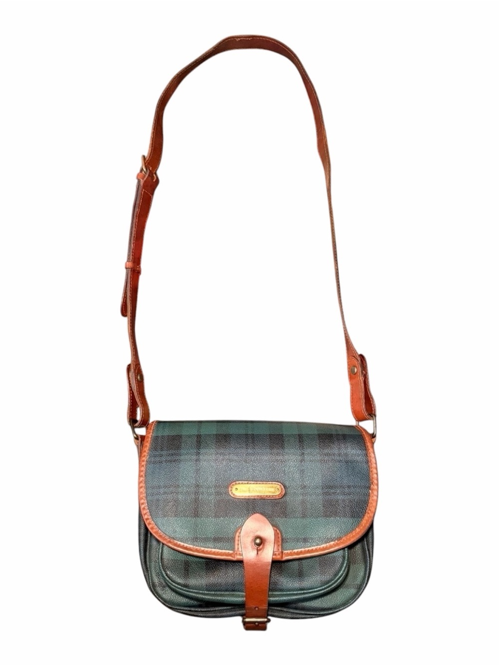 Vintage Polo Ralph Lauren Black Watch Tartan Crossbody Saddle Bag Double Flap